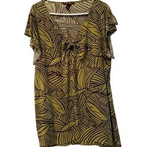 Y2K Vintage Green and brown leaf print O ring Short sleeve top Asymmetrical hem